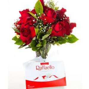 Arranjo de Rosas Vermelhas Premium com Rafaello