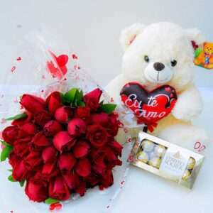 Buquê de Rosas com Urso e Ferrero Rocher