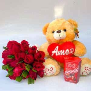 Buquê de Rosas com Pelúcia e Lindt