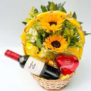 Cesta de Girassol com Vinho e Chocolate