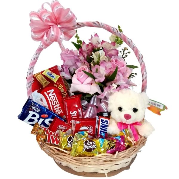 Cesta de Chocolates com Flores e Ursinho – Presente Especial com Kit de Chocolates - Imagem 2