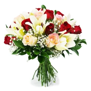 Charmoso Buquê De Rosas e Lírios