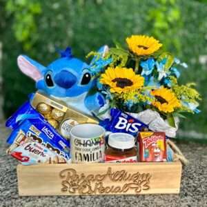 Cesta de Chocolates Stitch com Girassóis