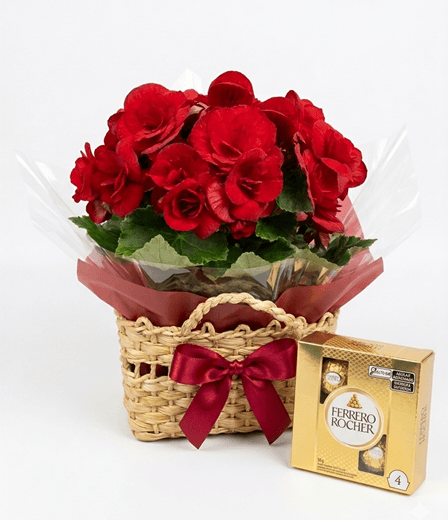 Bolsa de Palha com Begônia Vermelhas e Ferrero Rocher – Presente Romântico